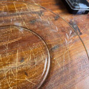 3 Cut Etched Flowers Twigs Wheat Leaves Clear Glass Plate Vintage GUC Cute!